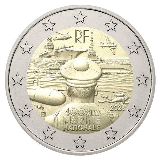 Франция 2 евро 2026 г. 400 лет ВМФ Франции